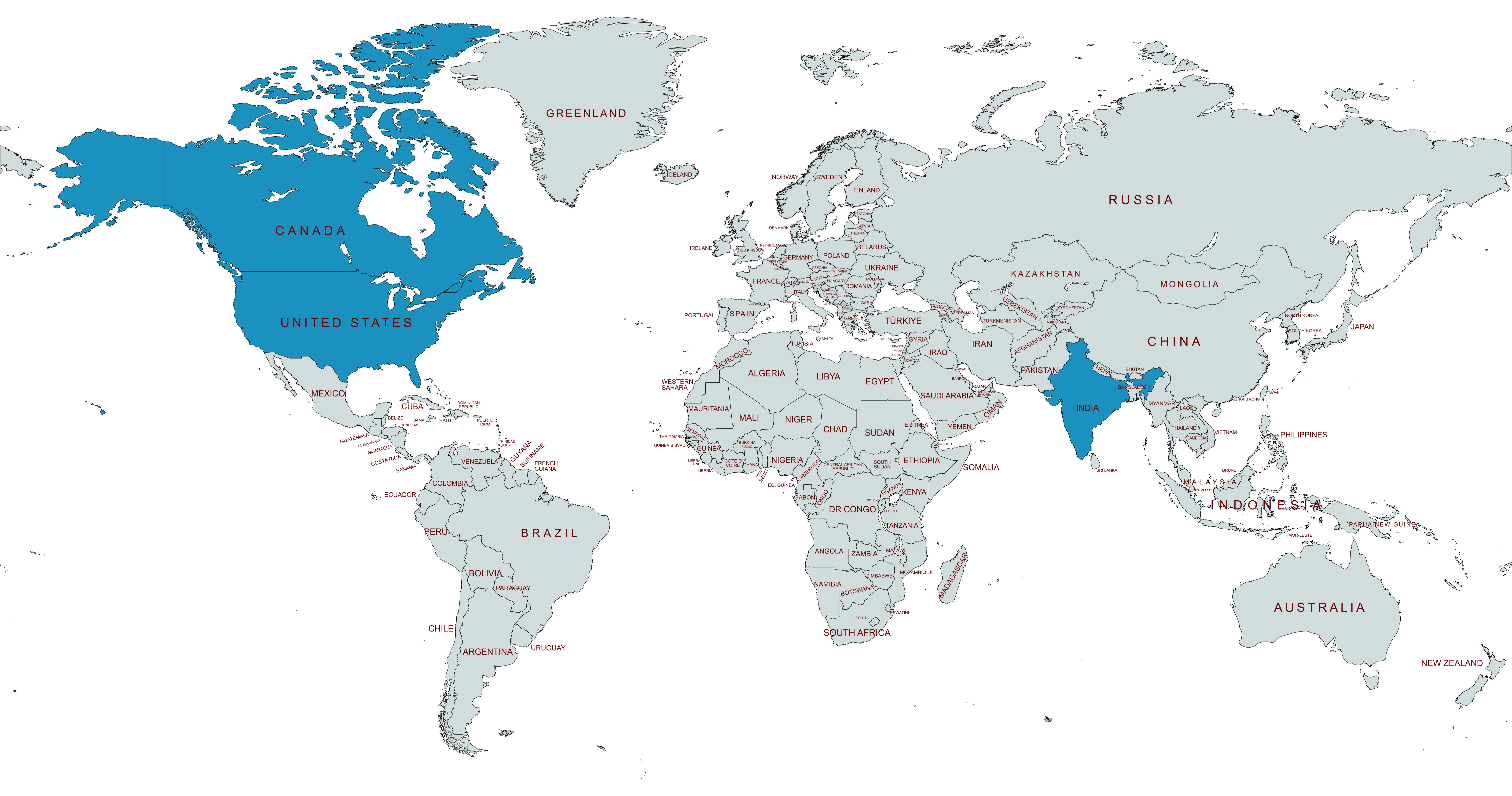 World map showing HRP Infra office locations in Ahmedabad India, Toronto Canada, and Houston USA